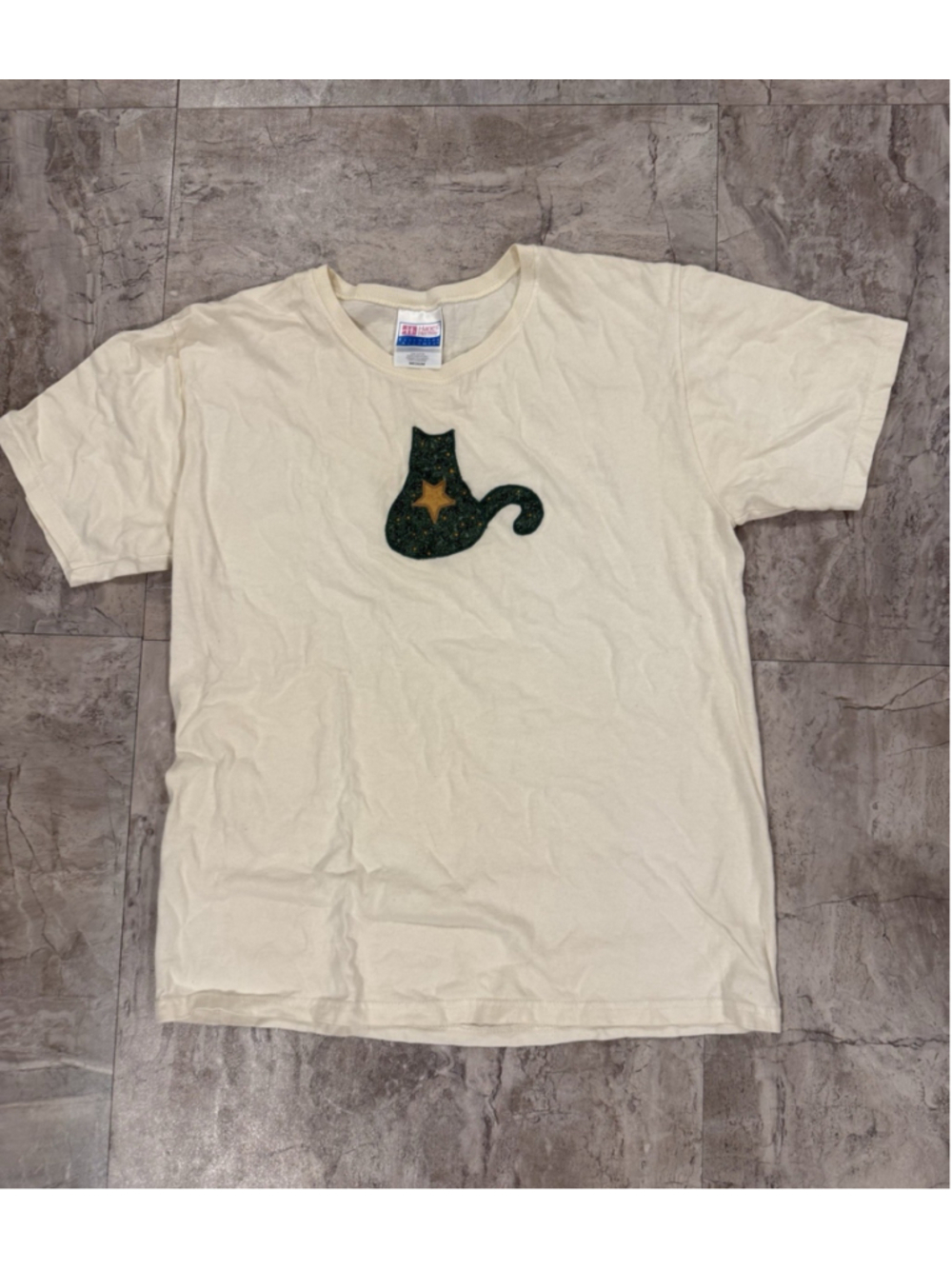 VTG Quilted Cat Patch Star Hanes Cotton Tshirt Homemade Size M Cats Kitty - Picture 2 of 5